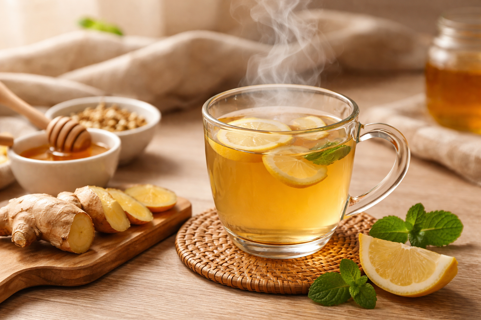 김이 피어오르는 따뜻한 배도라지차, 겨울철 목 건강 관리, 건조한 기관지에 좋은 차