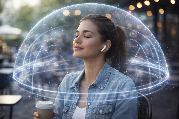 개인용 오디오 기기를 통해 공간 음향을 즐기는 일상 모습