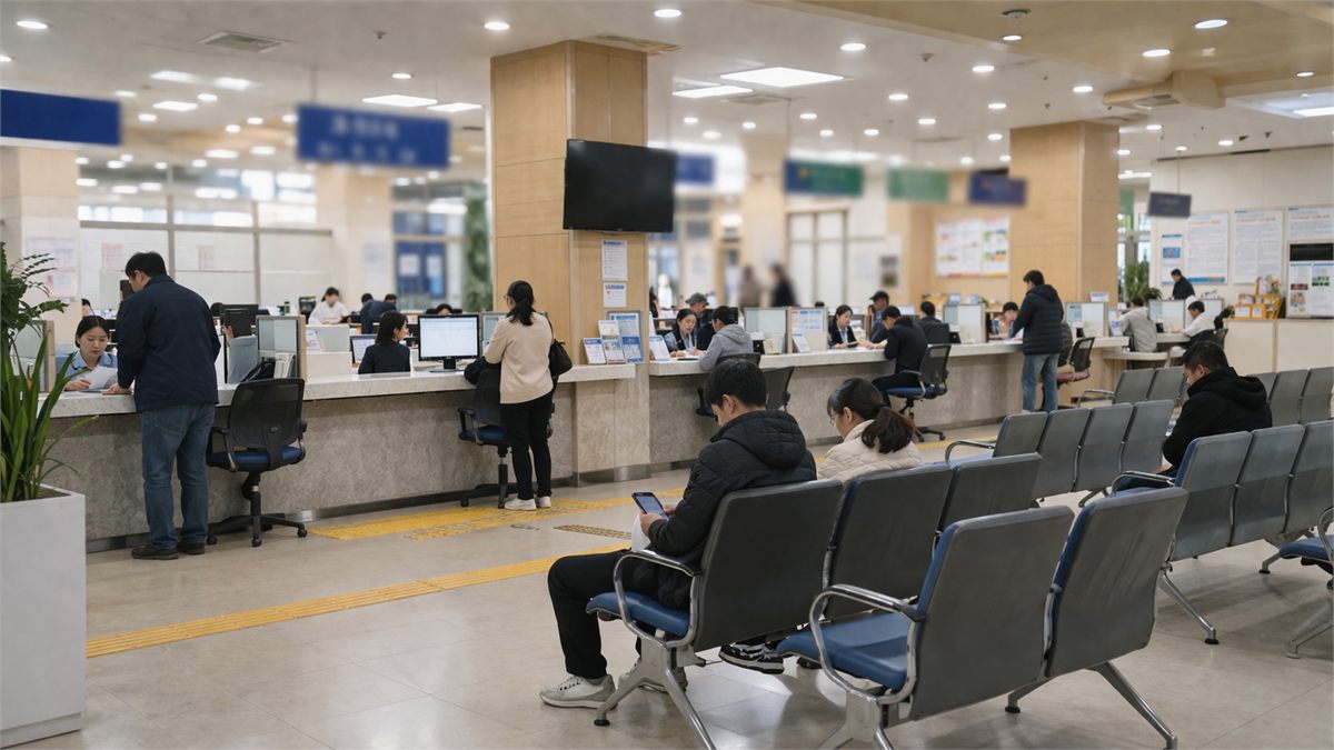 여권 수령을 위해 방문하는 구청 민원실 분위기를 담은 넓은 실내 장면 