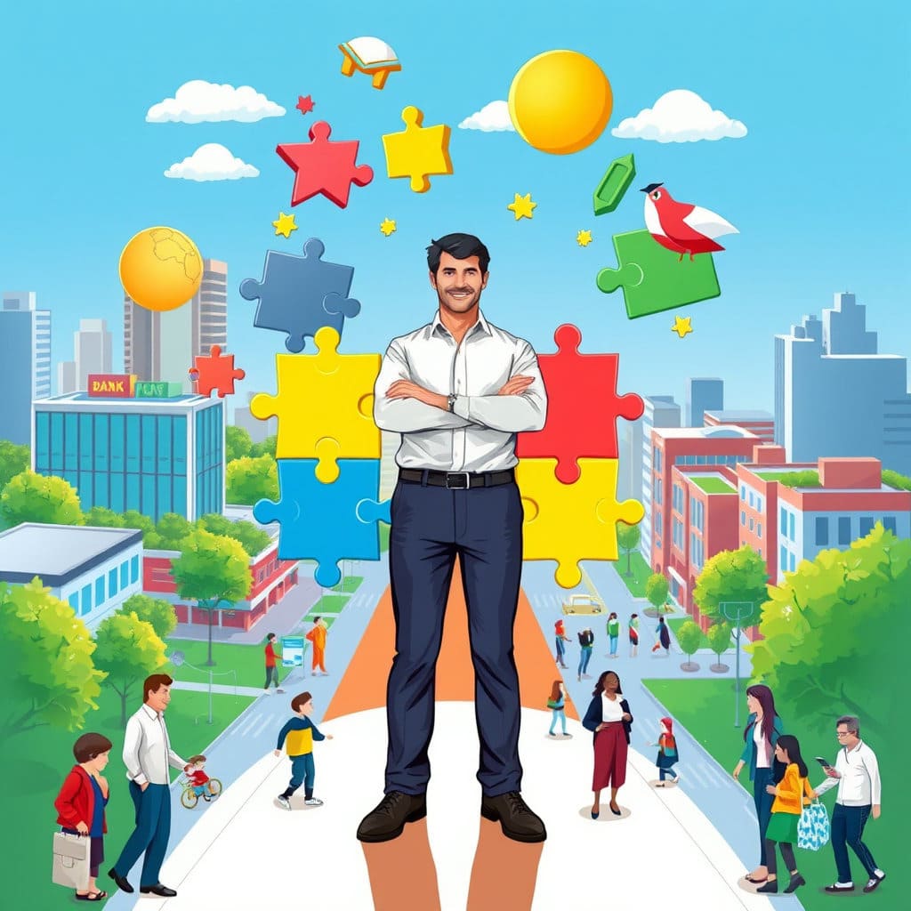 퍼즐 조각처럼 맞춰지는 정책 아이디어들 사이에서 핵심적인 역할을 하는 인재의 모습을 중앙에 배치합니다. 인재 주변으로 성공적인 정책의 결과물(예: 발전하는 도시, 행복한 사람들)을 상징적으로 표현합니다.