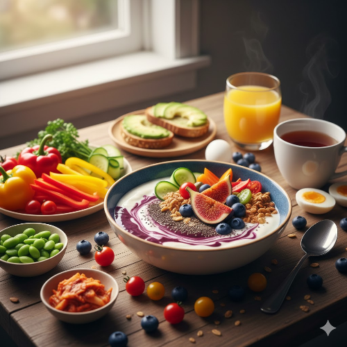 알록달록한 제철 채소와 발효 요거트가 놓인 건강한 아침 식탁 사진