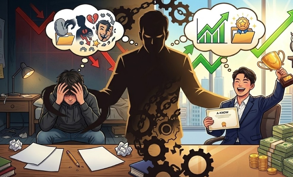 중앙에 거대한 상사의 그림자를 두고, 왼쪽에는 하락하는 그래프 아래에서 절망하는 남자, 오른쪽에는 상승하는 그래프와 돈 더미 앞에서 트로피를 들고 환호하는 성공한 남자가 대조되는 모습으로 자기충족적 예언을 표현