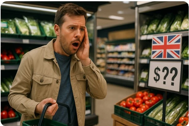 슈퍼마켓에서 비싼 식품 가격에 놀라는 영국 시민 모습
