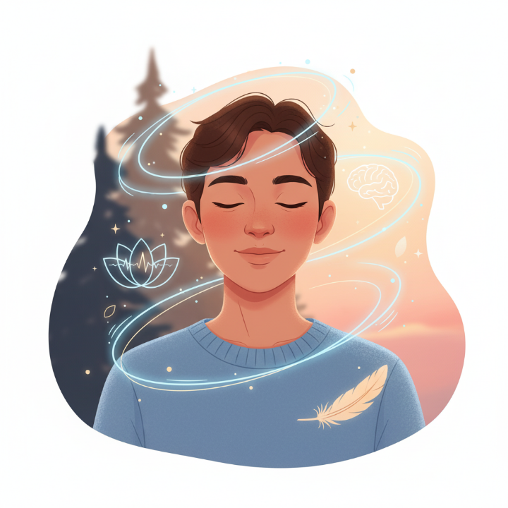 꿈 해몽 후 심리적으로 편안해진 표정의 사람 일러스트
