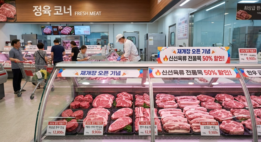 신선육류 정육 코너: "대형마트 정육 코너에 마블링이 선명한 고급 한우와 삼겹살이 정갈하게 진열되어 있고 '50% 오픈 특가' 가격표가 부착된 클로즈업 사진