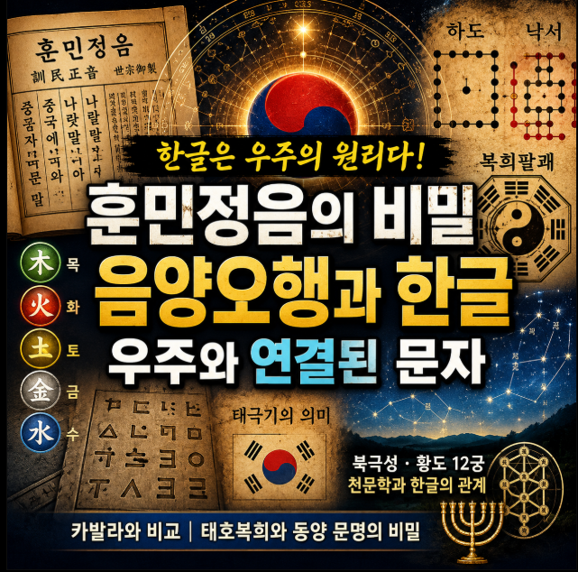 훈민정음과 음양오행, 태극기, 팔괘, 하도낙서를 통해 한글 창제 원리와 우주의 철학적 의미를 설명하는 썸네일