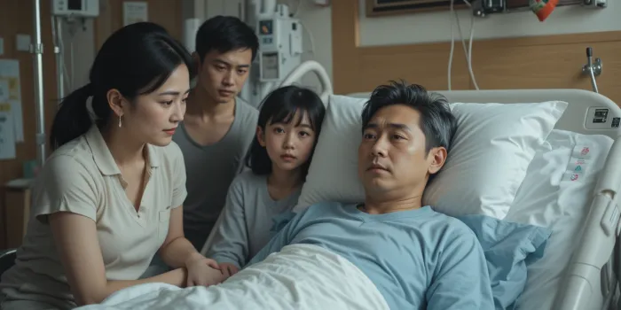병실 침대에서 가족 곁을 지키고 있다
