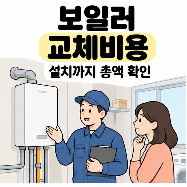 보일러 교체비용과 설치까지 총액 확인 문구 아래 다용도실의 벽걸이 보일러 옆에서 설명하는 설치 담당자와 집주인