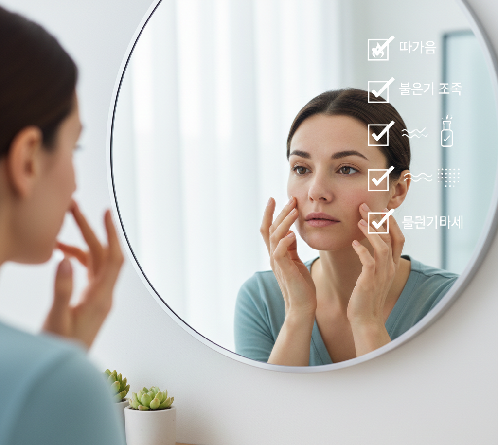 [피부 상태 자가 점검: 거울을 통해 붉은 기와 열감을 살펴보는 모습]