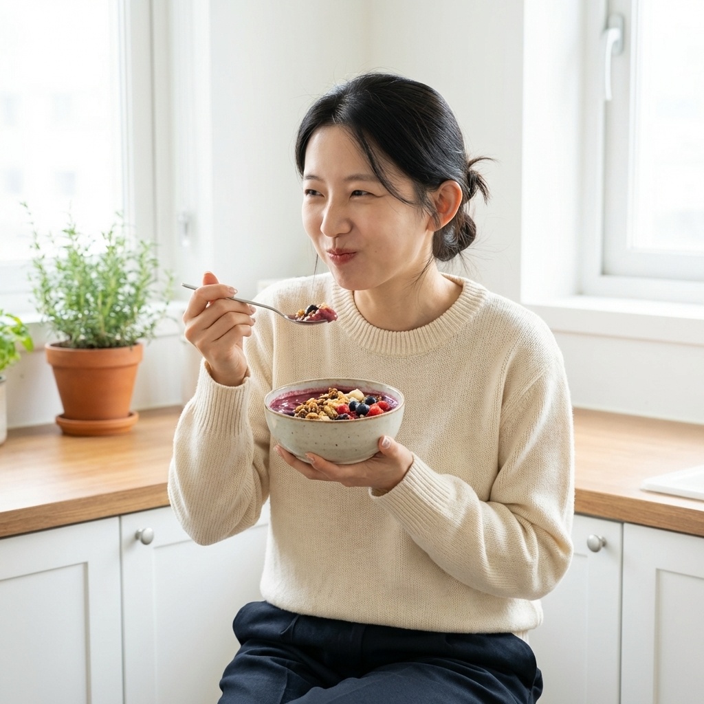 턱 근육에 무리 없는 부드러운 음식을 먹고 있는 30대 초반 한국 여성