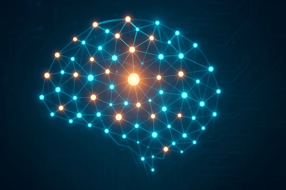 딥러닝의 원리를 상징하는 빛나는 신경망 구조와 디지털 회로가 어우러진 AI 개념 이미지
