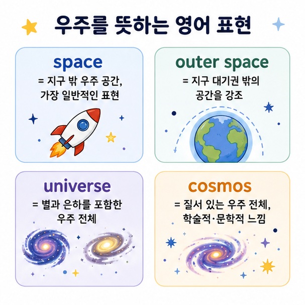 space, outer space, universe, cosmos 네 표현의 차이를 비교한 영어 학습 이미지