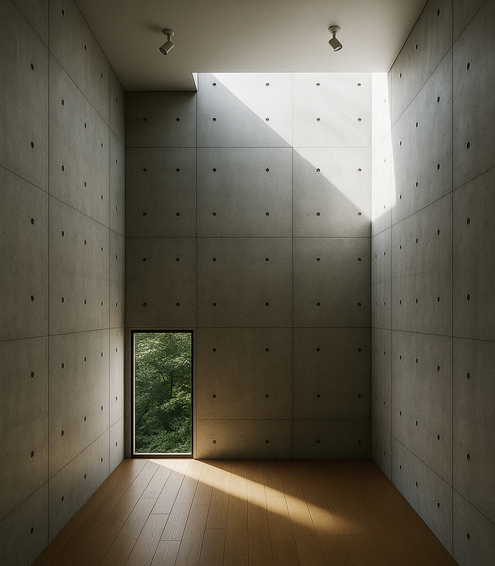 안도 타다오 건축물 스타일의 인테리어&amp;#44; 노출 콘크리트 벽과 원목 마루&amp;#44; 천창에서 들어오는 빛과 작은 창으로 보이는 자연이 어우러진 미니멀 공간