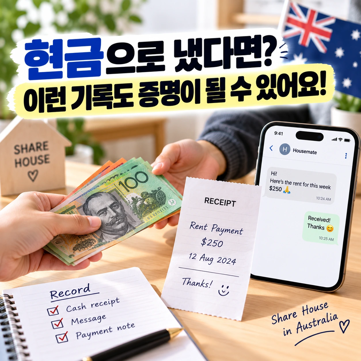 현금 Rent 영수증·메시지 증빙