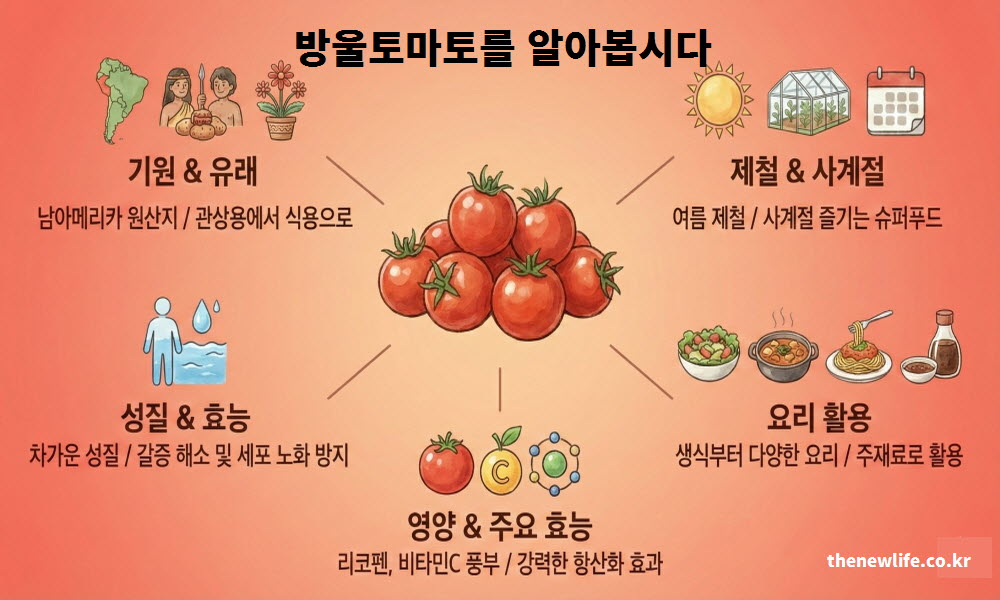방울토마토의 효능과 관련된 기원 및 유래와 맛있는 제철 시기를 설명하는 인포그래픽