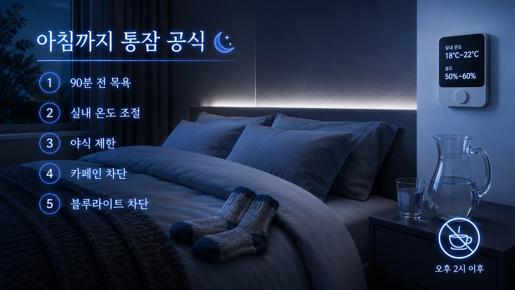실내 온도 18도에서 22도와 습도 50프로에서 60프로 조절 및 수면 양말이 놓인 침실 환경 위 아침까지 통잠 공식 5가지 수면 과학 인포그래픽