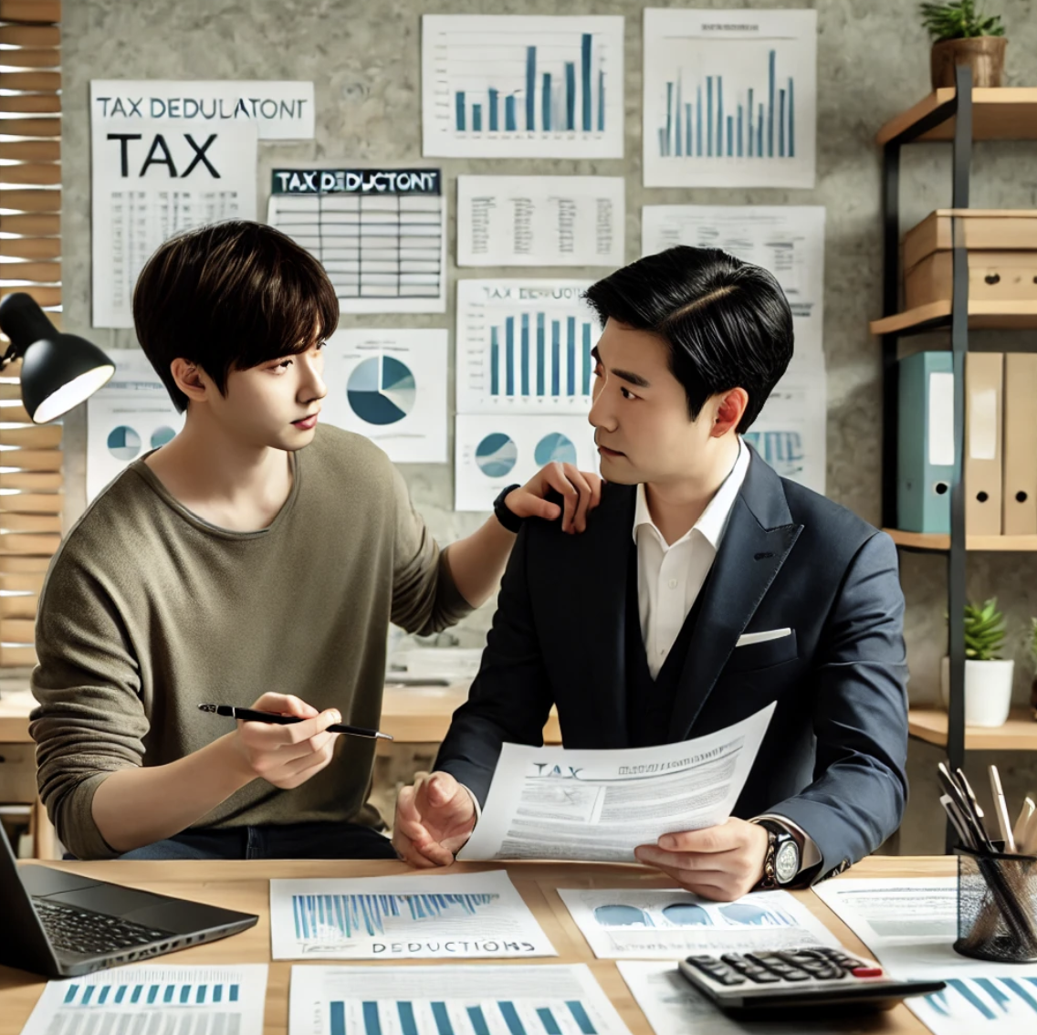 프리랜서가 세무 컨설터트와 함계 세금공제항목을 검토하는 모습