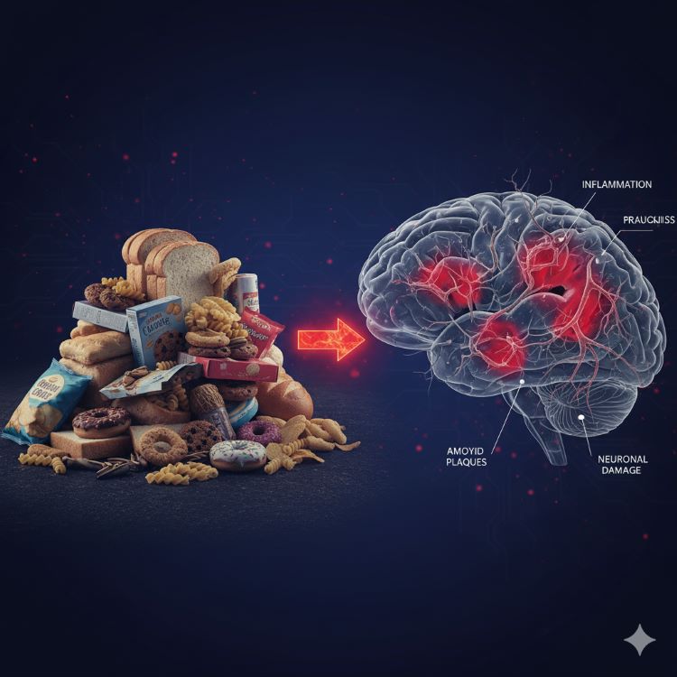 왼쪽에는 빵, 파스타, 과자 등 정제 탄수화물 음식들이 쌓여있고, 오른쪽에는 서서히 손상되어가는 뇌의 단면도. 탄수화물에서 뇌로 붉은 화살표가 연결되며 염증, 플라크, 손상된 신경세포를 표시. 어둡고 경고적인 톤의 의학 일러스트레이션