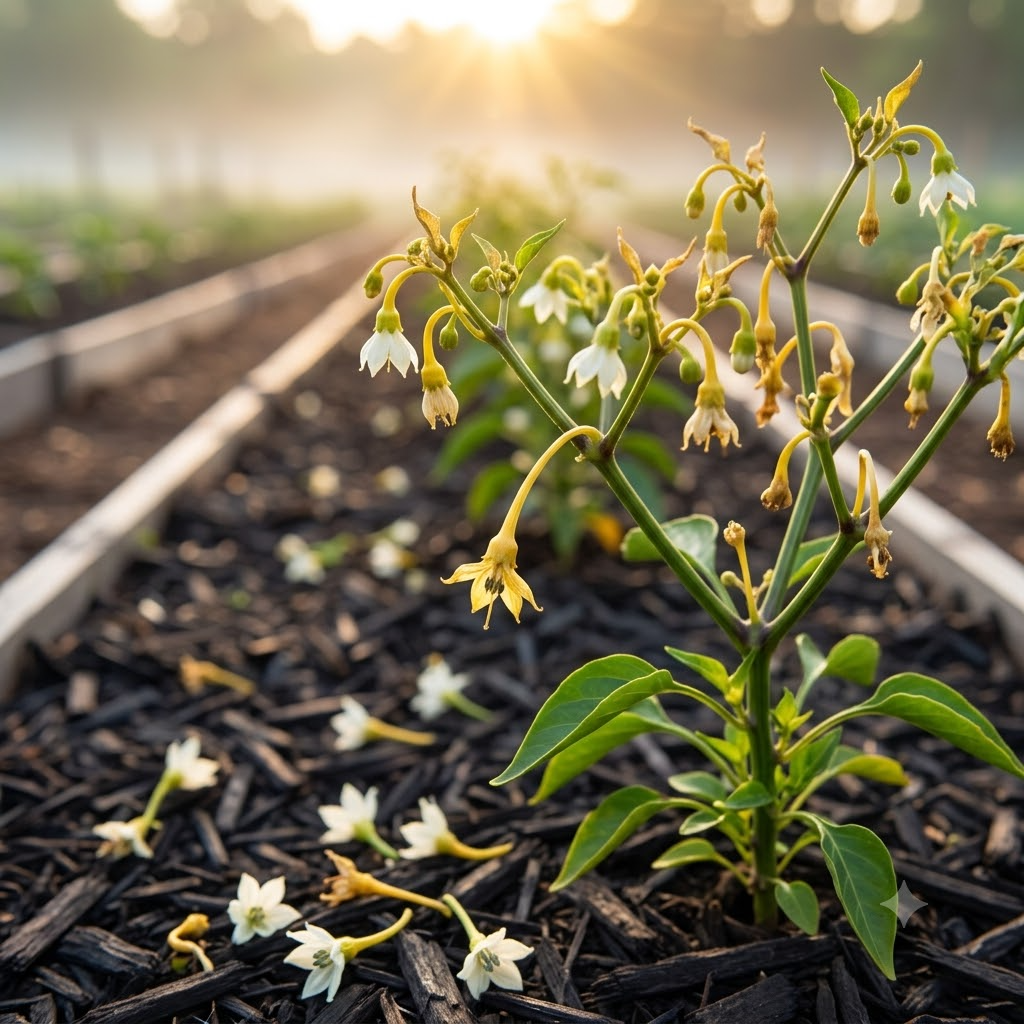 30도 이상의 한여름 폭염으로 인해 노랗게 변색된 꽃자루가 가지에서 떨어져 바닥에 뒹구는 고추밭