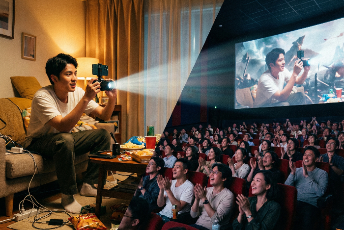 소규모 장비로 촬영한 영상이 대형 스크린에 상영되는 모습