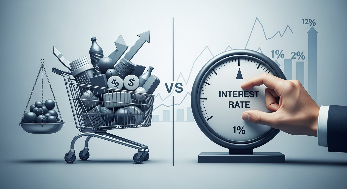 물가 상승과 금리 인상의 관계를 보여주는 시각적 은유. 한쪽은 비싼 물건으로 가득 찬 장바구니, 다른 한쪽은 금리 다이얼을 올리는 중앙은행의 손을 통해 인플레이션과 금리가 시장에 미치는 영향을 나타낸 이미지.