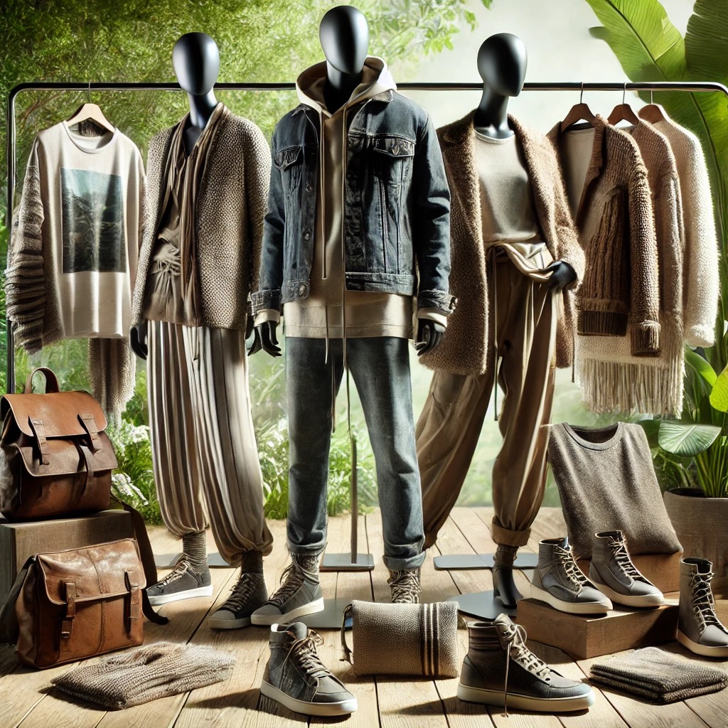 재활용 소재, 유기농 면, 재활용 폐기물로 만든 지속 가능한 패션 아이템을 강조하는 이미지는 생태 의식과 현대적 스타일을 결합