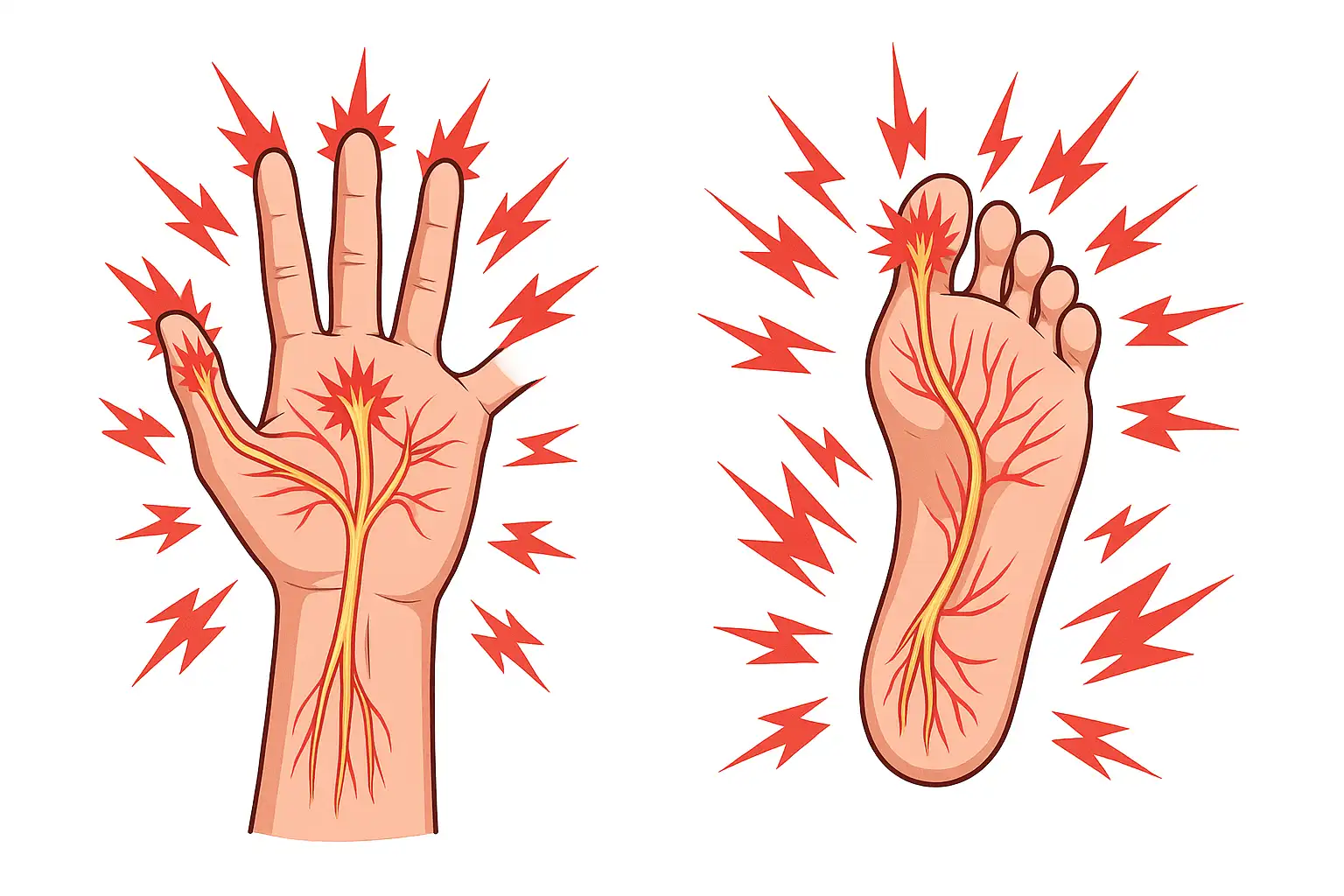 손과 발의 말초 신경이 자극을 과도하게 전달하는 모습