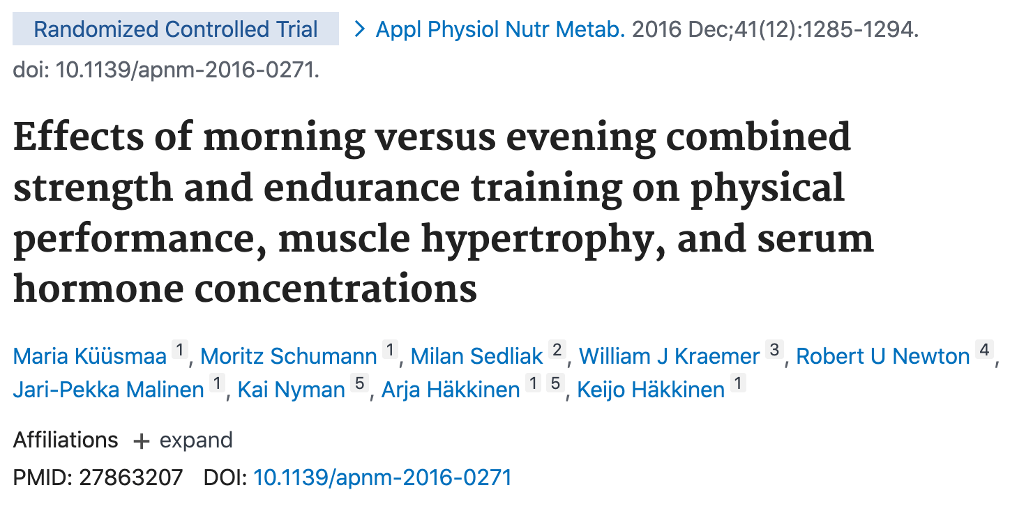 Effects of morning versus evening combined strength and endurance training on physical performance, muscle hypertrophy, and serum hormone concentrations
