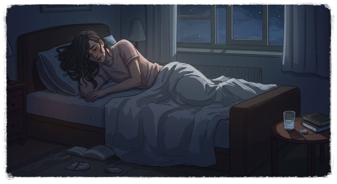 밤에 침대위에서 잠이 오지않아 뒤척이는 여자분 모습