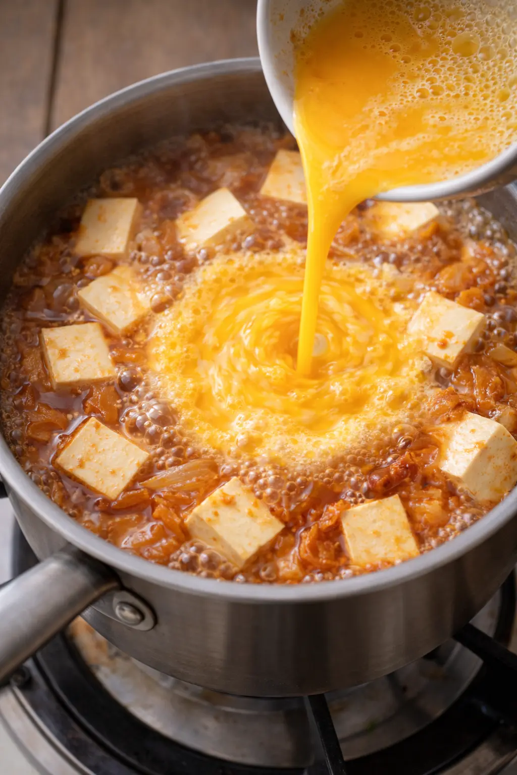 끓는 김치국에 달걀물을 천천히 부어 몽글하게 익히는 과정, 두부가 함께 보이는 장면