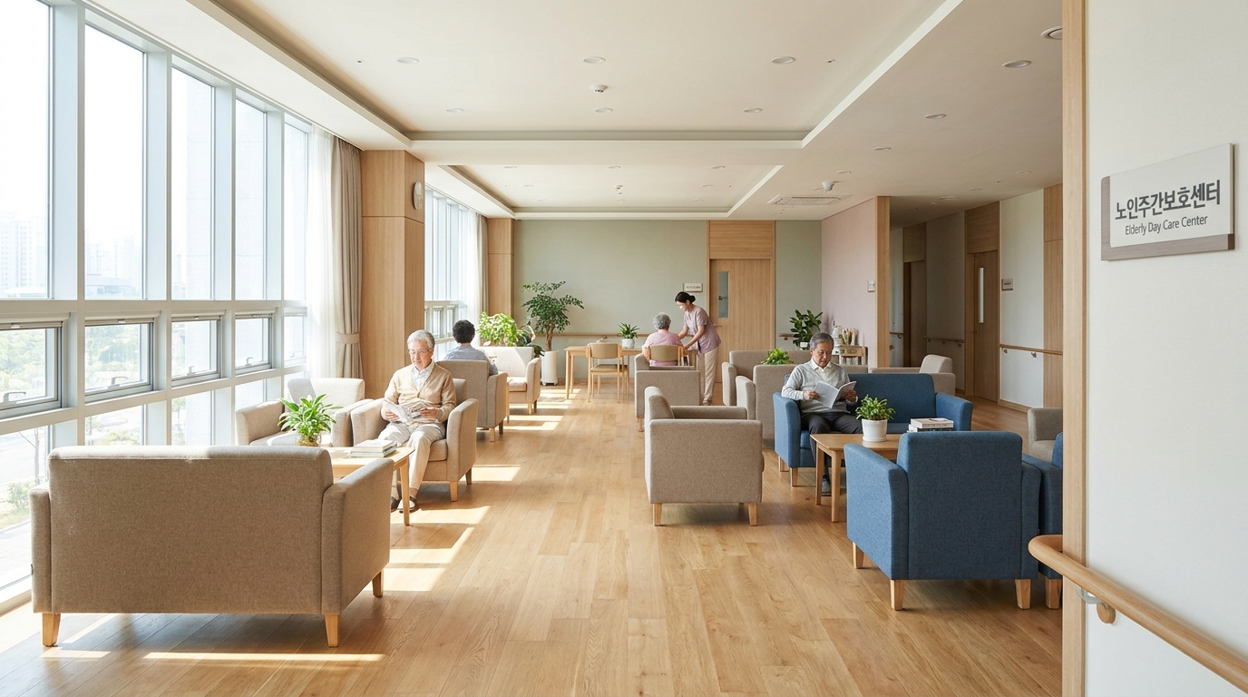 밝은 채광이 들어오는 현대적인 한국 노인 복지 시설의 내부 전경