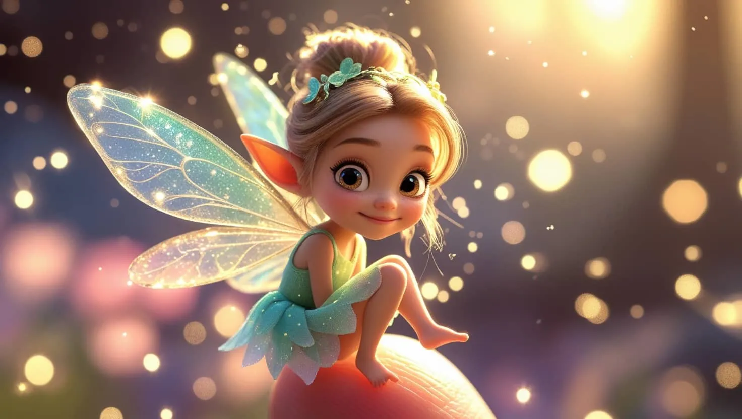픽사풍 스타일의 꽃 요정 캐릭터가 사람 손가락 위에 앉아 따뜻한 빛을 받으며 미소 짓고 있는 장면. 이 이미지는 동화 같은 분위기와 캐릭터의 사랑스러운 표정을 통해 픽사풍 AI 애니메이션 스타일의 감성을 시각적으로 전달하며, 블로그의 AI 캐릭터 제작 관련 내용을 설명함 (Pixar-style fairy sitting on a fingertip, glowing 3D animated character, whimsical lighting)