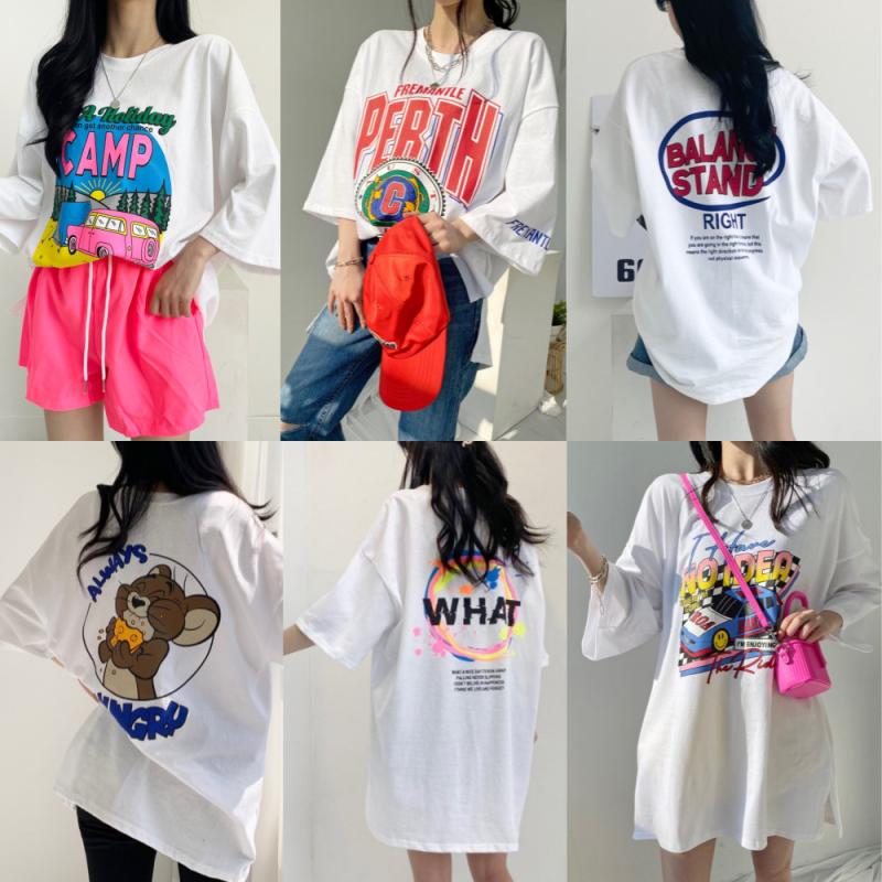 5+1 여성 반팔티 빅사이즈 오버핏 레터링 프린팅 롱 티셔츠 박스티