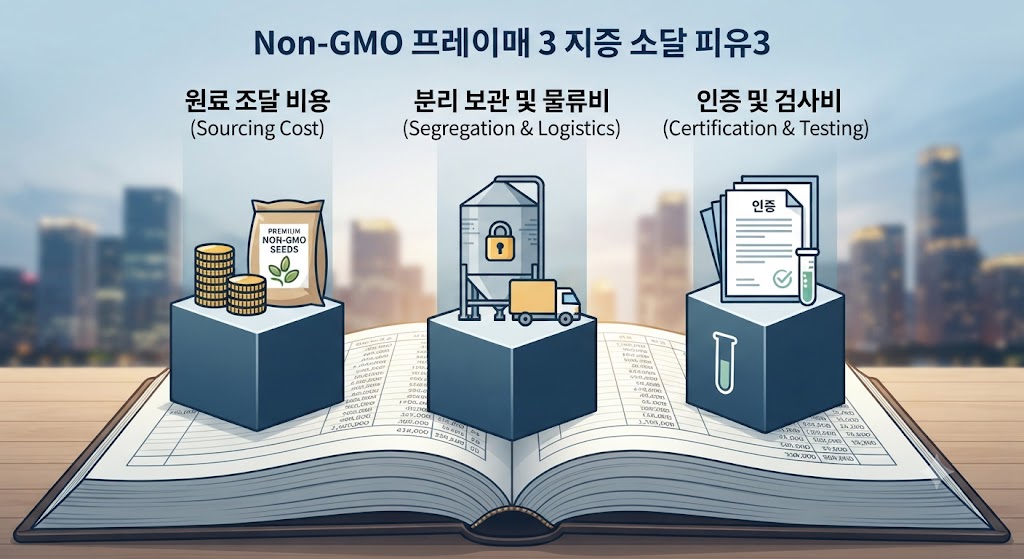 거대한 회계 장부 위에 세 개의 주요 비용 상승 요인인 '원료 조달 비용(비싼 Non-GMO 종자)', '분리 보관 및 물류비(격리된 사일로와 전용 운송)', '인증 및 검사비(매년 갱신되는 복잡한 서류)'를 상징하는 아이콘들을 배치했습니다. 이 누적된 비용들이 소비자 가격 상승으로 이어짐을 보여줍니다.
