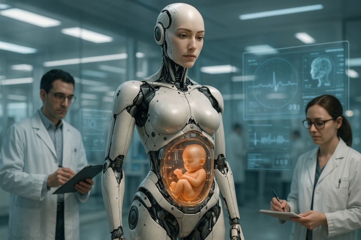 아기가 자라는 모습을 보여주는 미래형 여성 휴머노이드 로봇.