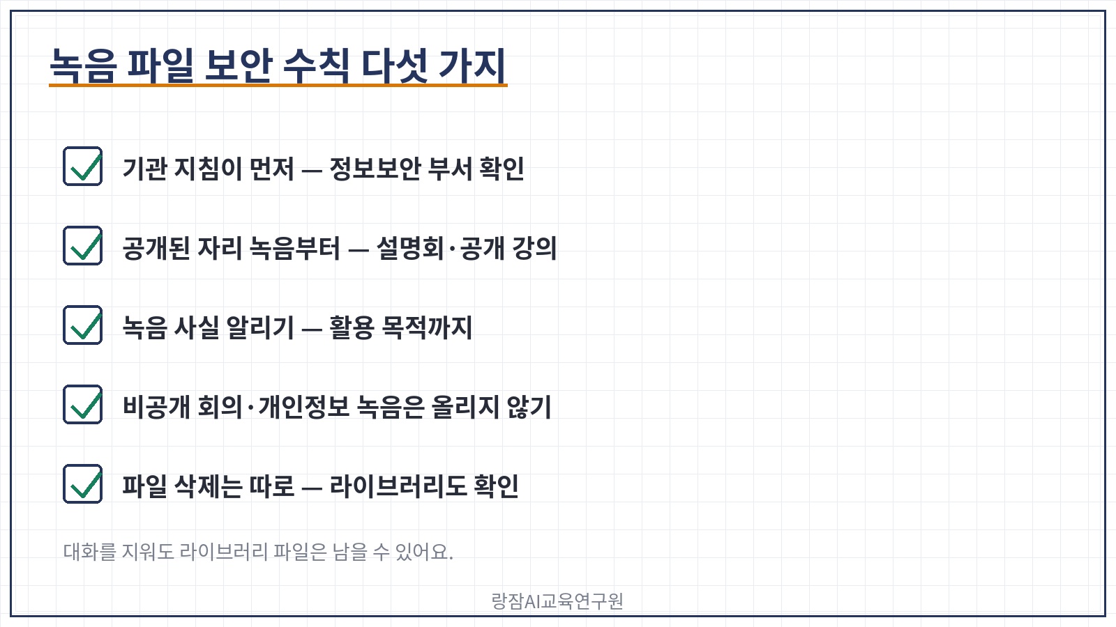 녹음 파일 보안 수칙 다섯 가지 &mdash; 기관 지침 먼저, 공개된 자리 녹음부터, 녹음 사실 알리기, 비공개 회의&middot;개인정보 금지, 파일 라이브러리 삭제 따로 확인