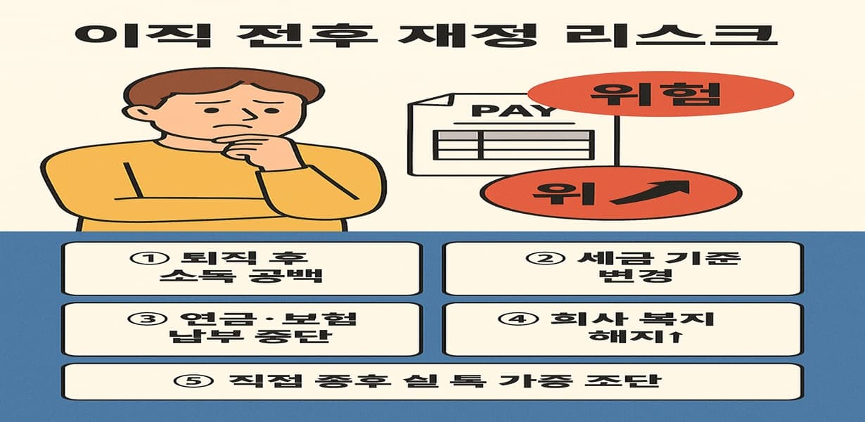 이직 전후에 발생할 수 있는 5가지 재정 리스크를 설명한 인포그래픽