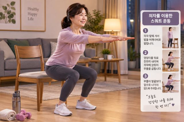 의자를 이용해 앉았다 일어나기 하체 근력 운동을 하는 여성