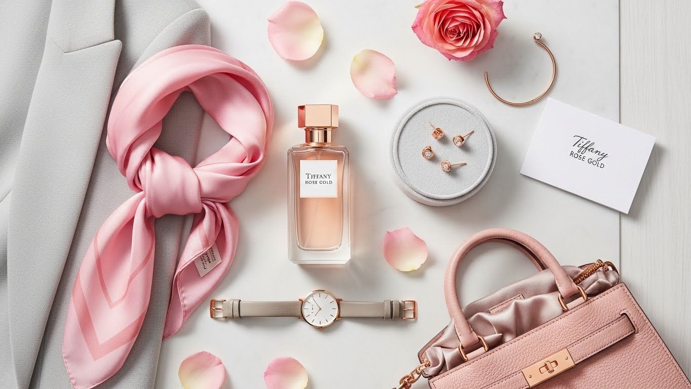 티파니 로즈 골드 EDP를 보완할 다양한 패션 아이템과 액세서리가 스타일리시하게 배치되어 있습니다.