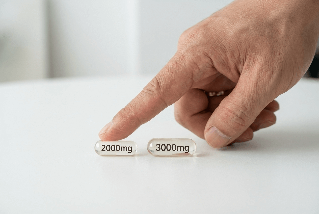 L-아르기닌 캡슐 2000mg과 3000mg 함량 비교 이미지