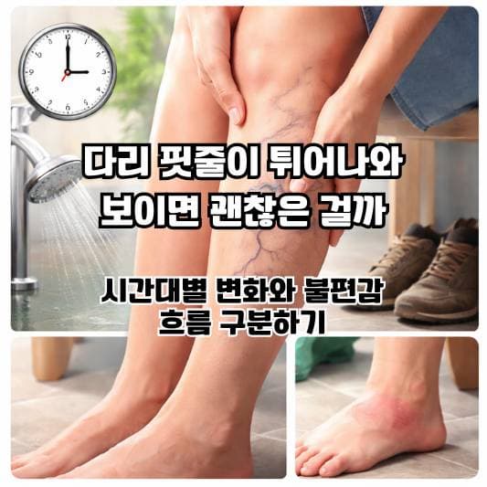 다리 핏줄 변화와 종아리 불편감을 느껴 잠시 다리를 살펴보는 생활 장면