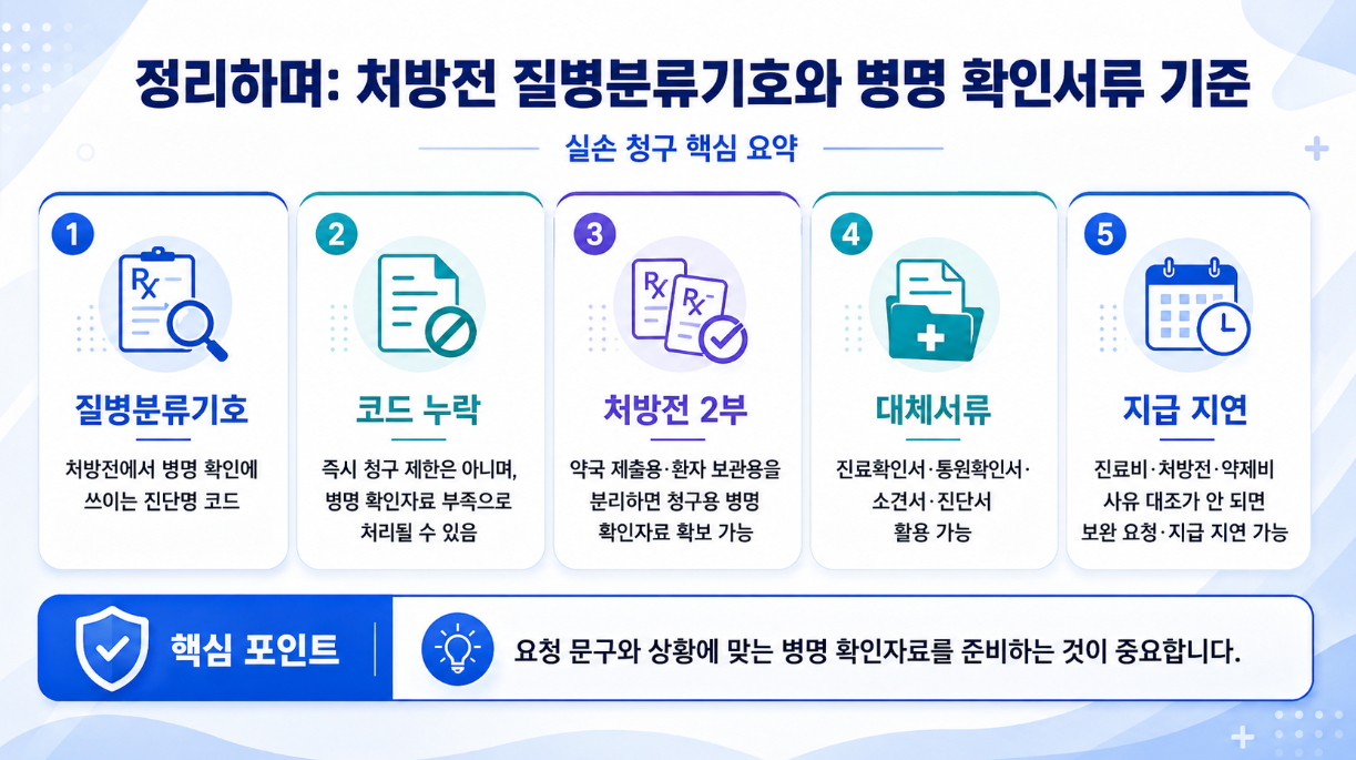 처방전 질병분류기호와 병명 확인서류 기준의 핵심 내용을 요약한 16대9 의료 인포그래픽