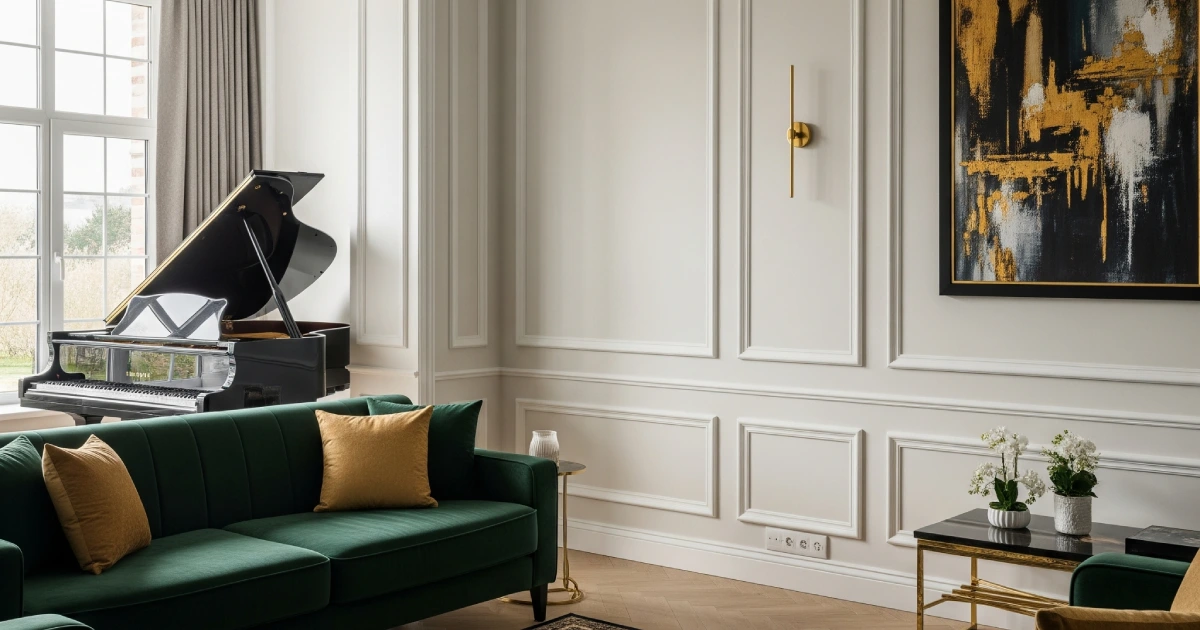 섬세한 벽면 몰딩으로 깊이와 건축적 아름다움을 더한 우아한 거실 인테리어 이미지