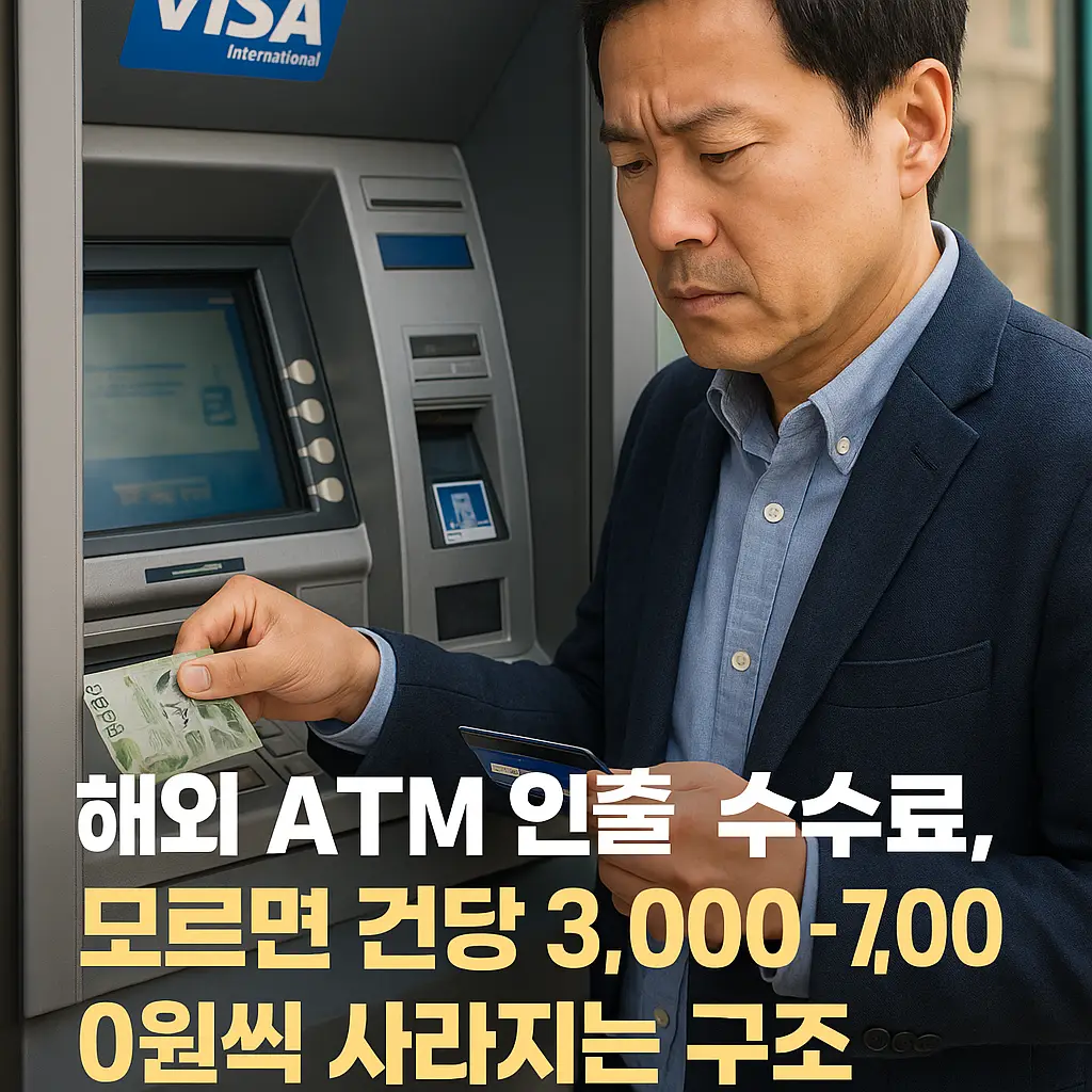 해외 ATM에서 현금을 인출하며 수수료 부담을 확인하는 한국인 직장인
