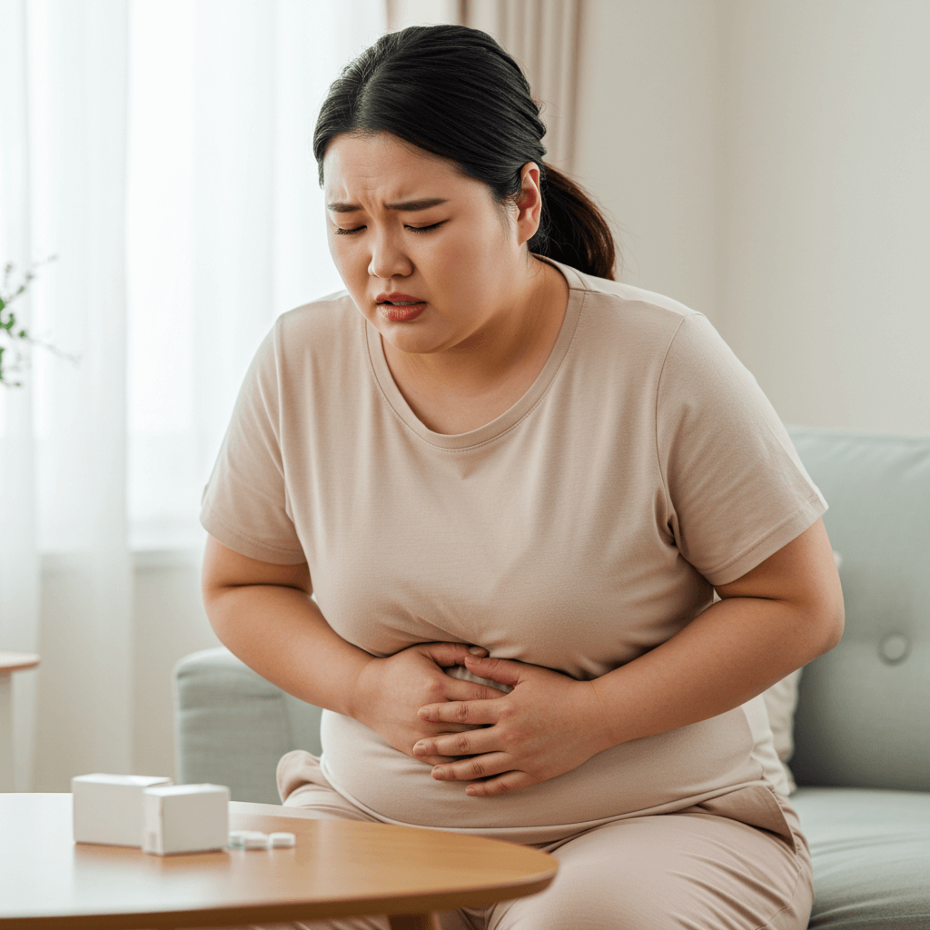 비만 여성 환자가 위고비 부작용으로 메스꺼움과 복통을 겪는 모습 2