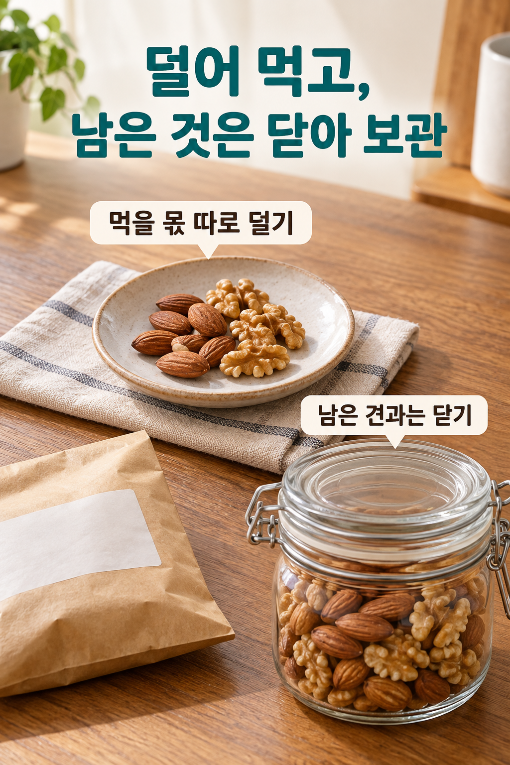 한 번 먹을 몫의 접시와 뚜껑을 닫은 보관용 유리병