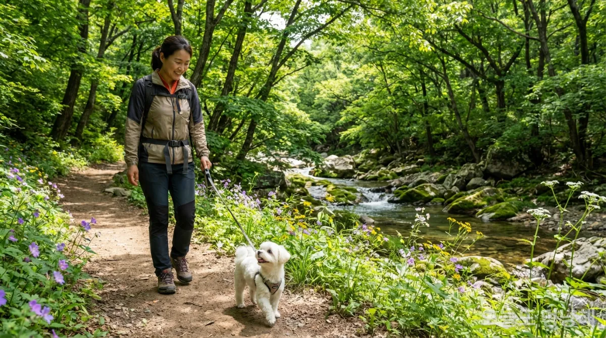 한국인 보호자와 몰티즈가 산책로를 걷는 모습