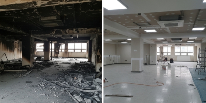 상업시설 화재 청소 후 복구 인테리어 전후