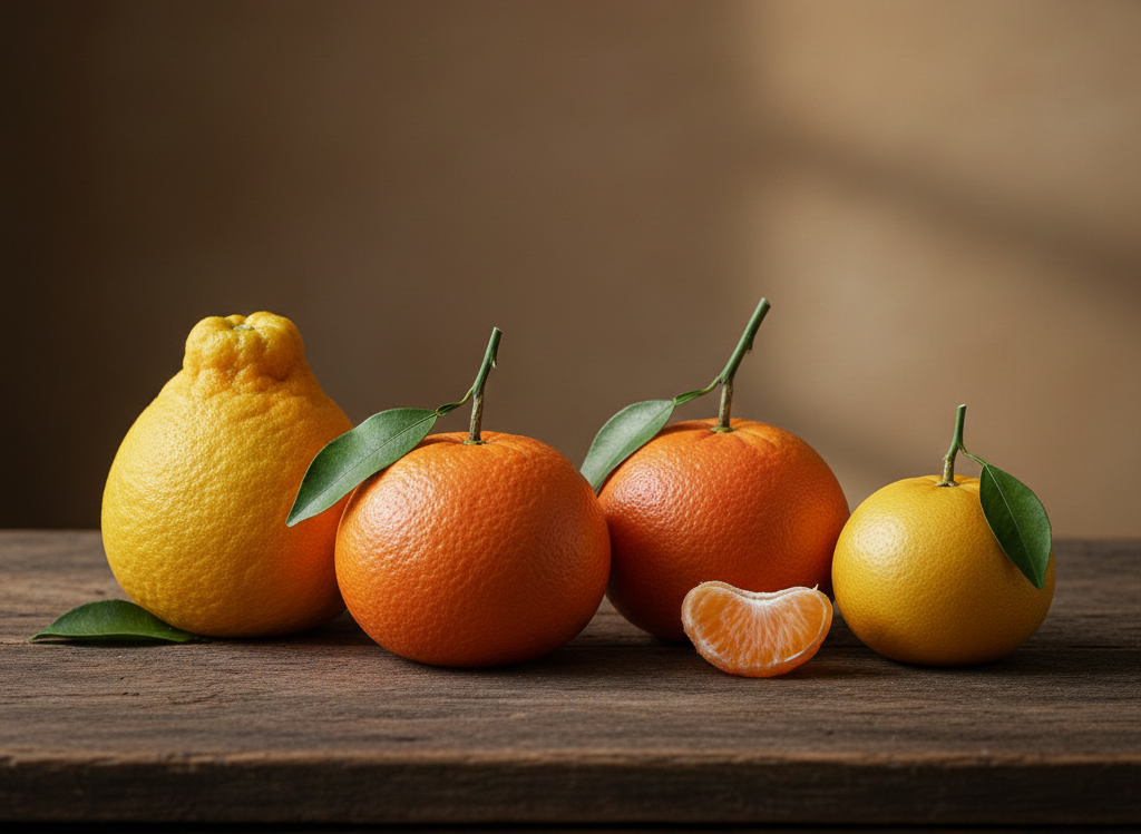 나무 테이블 위에 한라봉, 천혜향, 레드향, 황금향 등 다양한 한국의 프리미엄 감귤류가 놓여 있는 정물 사진. 꼭지가 툭 튀어나온 한라봉을 중심으로 각기 다른 질감과 크기의 주황색 과일들이 조화를 이루고 있으며, 텍스트가 없는 깔끔한 이미지입니다.