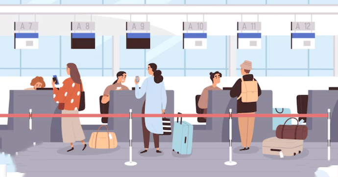 공항 수속 중인 여행객들과 캐리어, 여권, 항공권 등 여행 준비물을 함께 담은 이미지, 전자여권을 소지한 여행객의 출국 준비를 상징하는 장면